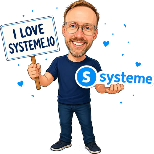 Caricature of Philip Borrowman holding a sign that reads I love systeme.io, with the systeme.io logo in his other hand.